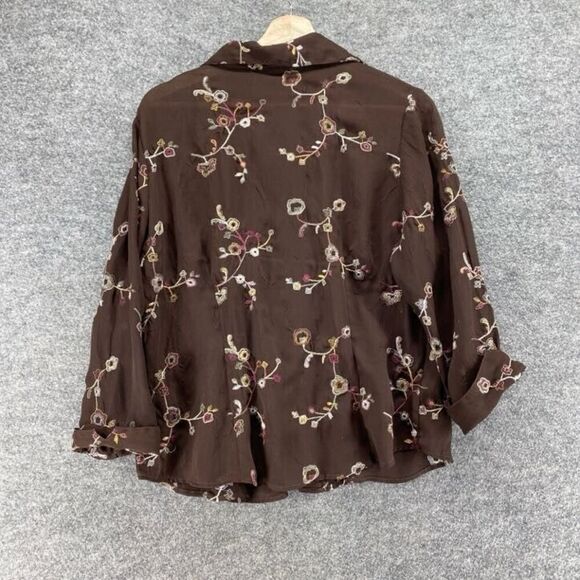 Joanna Shirt Women M Medium Brown Floral Button Up Embroidered Collared Casual - Picture 2 of 7